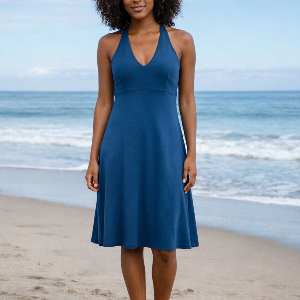 Patagonia Morning Glory Halter Fit & Flare Tie Back Teal Blue Summer Dress XS